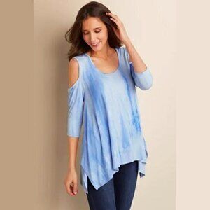Soft Surroundings Cold Shoulder Blue Tie Dye A-Line Soft Top Viscose Medium